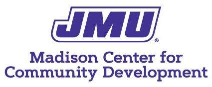 Purple and White James Madison, Madison Center for Community Development logo 